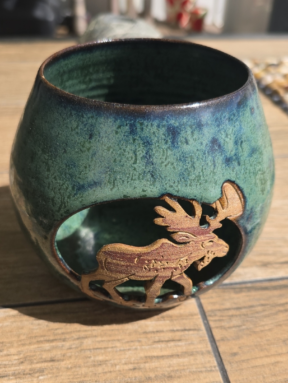 Rustic Green Handmade Glazed Ceramic Votive with Moose Cutout - Picture 14 of 16